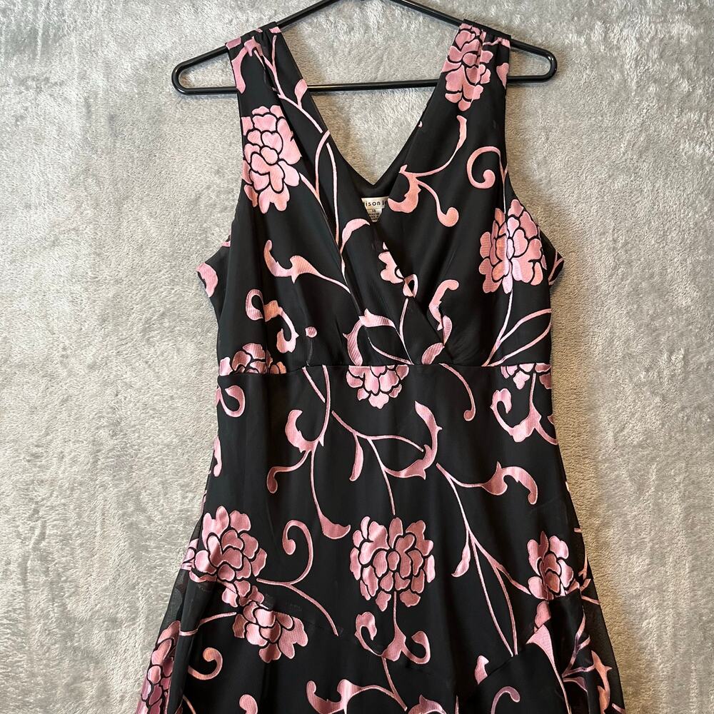 Vintage Y2K Black Pink Floral Ruffle Hem Dress Cottagecore Coquette Sz 14 - Picture 2 of 8